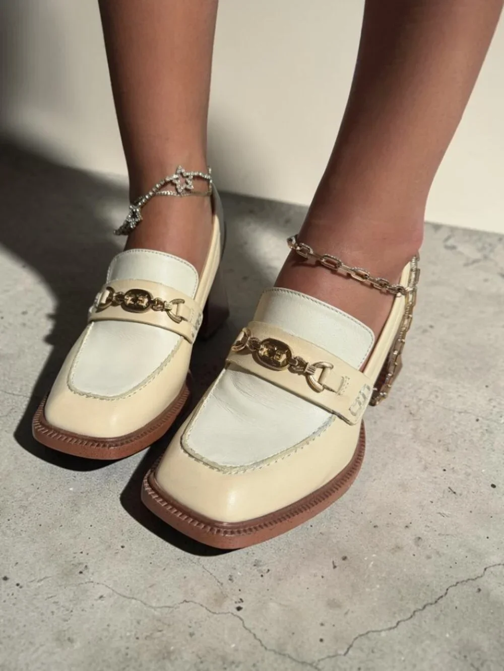 Sam Edelman Cream Leather Square Toe Loafer Heels Size 6.5